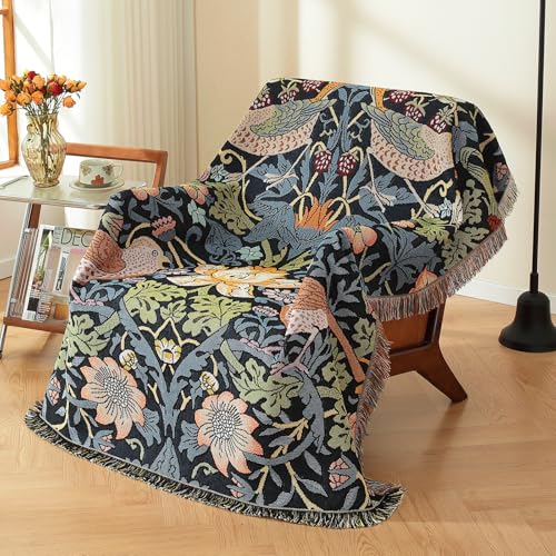 Hopstar Woven Tapestry Blanket with Tassels Hippie Room Decor Boho Cotton Throw Blanket for Couch Bed Outdoor Double Sided (Strawberry Thief, 51"x63") - color: Strawberry Thief