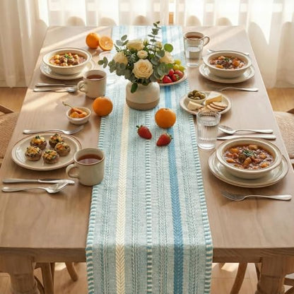 Artoid Mode Sky Blue Farmhouse Stripe Braided Table Runner 12x72 Inch - color: Sky Blue, size: 12" x 72", Table Runner