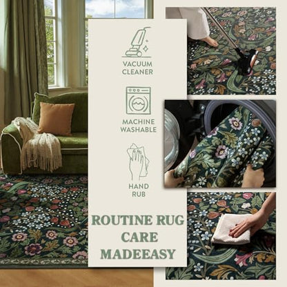 Lahome Olive Green Botanical Rug, 3x5 Washable Floral Entryway Rug - color: Green, size: 3' x 5'