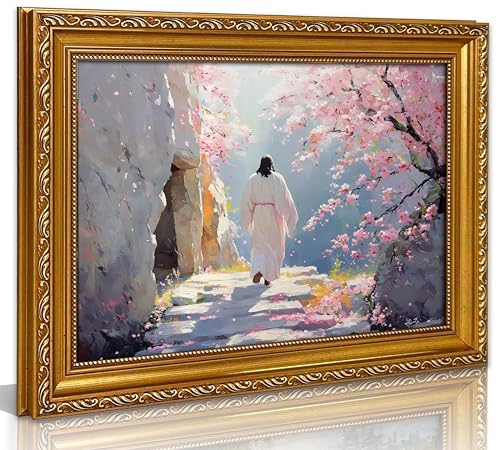 Vitage Gold Framed Jesus Resurrected Canvas Wall Art Jesus Leaves the Tomb Painting Pictures Wall Decor Christian Resurrected Posters Prints Artwork for Church Home Bedroom living room - color: pink, size: 11"L x 9"W