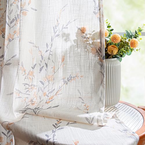 MYSKY HOME Floral Sheer Curtains 84 Inch Long Linen Blended 2 Panels Yellow - color: Yellow, size: 50"W x 84"L (Pack of 2)