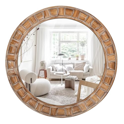 30 Inch Brown Solid Wood Round Wall Mirrors - color: B - Circle - 30x30 in