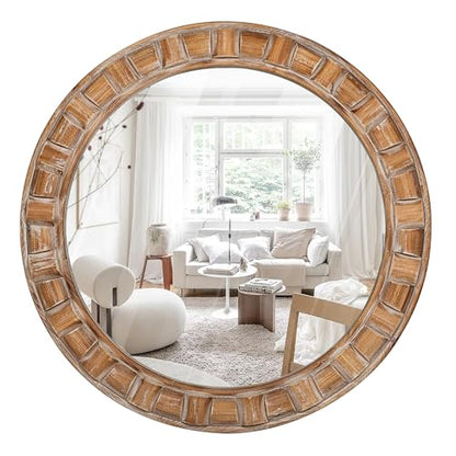 30 Inch Brown Solid Wood Round Wall Mirrors - color: B - Circle - 30x30 in