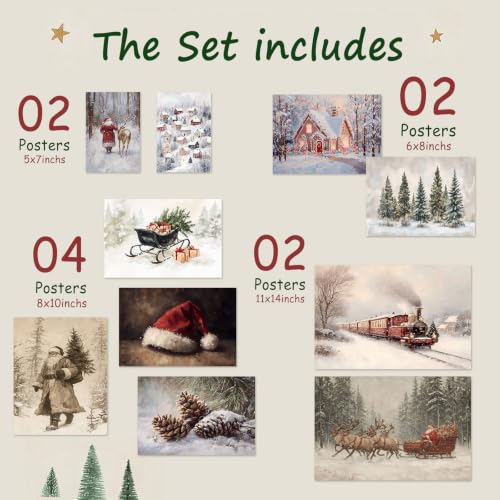 KBKBART Vintage Christmas Wall Art Prints Set of 10 Holiday Canvas Painting - color: Xmas Wall Art Prints