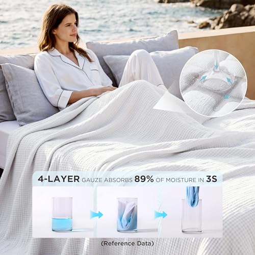 Bedsure 100% Cotton Muslin Blanket Queen Size for Bed, 4-Layer, White - color: 03 - White, size: Queen (90" X 90")