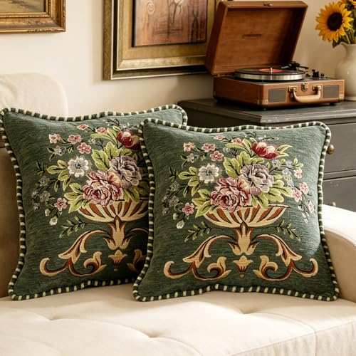 Set of 2 Green Vintage Throw Pillow Covers 18x18 - color: Green