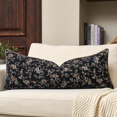 Spring Flower Lumbar Throw Pillow Cover 14x36 Inches Black Vintage Floral Pillow Cover Farmhouse Summer Cushion Cover Leaf Retro Pillowcase Home Decor for Sofa Living Room Couch - color: Black, size: 36" x 14" (Pack of 1)