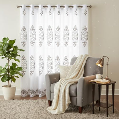 J&V TEXTILES Embroidered Curtain Set, 2 Panel Drapes with Backing & Valance, Medallion Pattern (White) - color: White