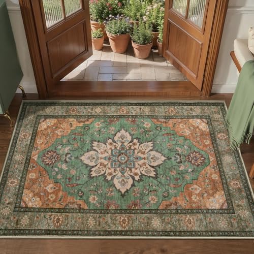 Tangsoo 2x3 Washable Rugs for Entryway, Vintage Non Slip Small Area Rug - color: Tan/Green, size: 2' X 3' (Rectangular)
