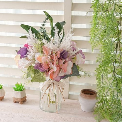 Fake Flowers with Vase, Artificial Pink & Purple Hydrangea Arrangement - color: Purple & Green
