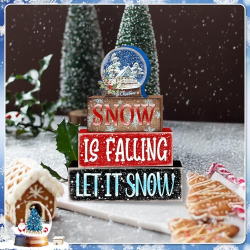 Britimes Tiered Tray Decor Set, 4 Pack, Wooden Table Sign, Christmas Winter - style: Snow Globe Christmas