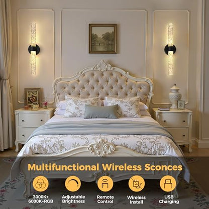 Battery Operated Wall Sconces Set of 2, 10000mAh Rechargeable Wall Light - color: Black, size: 21.4 inch