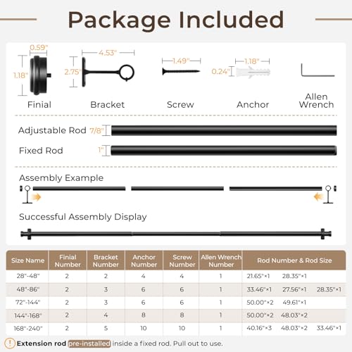 Rose Home Fashion 1” Heavy Duty Adjustable Curtain Rod, 48-86 inch, Black - size: 48" to 86"