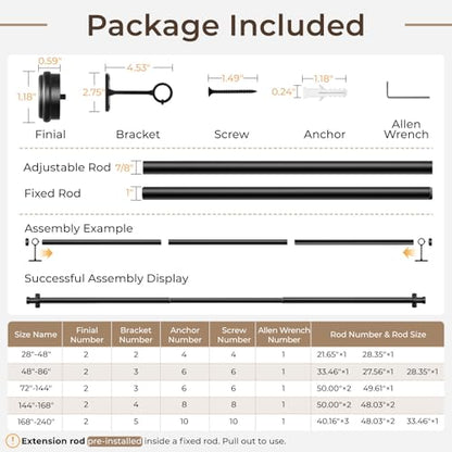 Rose Home Fashion 1” Heavy Duty Adjustable Curtain Rod, 48-86 inch, Black - size: 48" to 86"