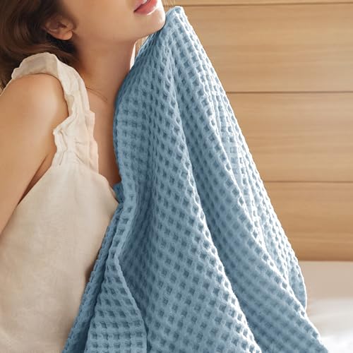 Bedsure Lightweight 100% Cotton Waffle Blanket, Throw XL, Celestial Blue - color: Celestial Blue, size: Throw Xl (50" X 70")