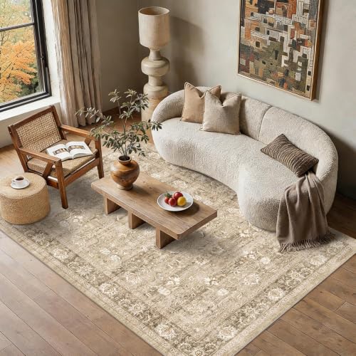 5x7 Washable Bedroom Area Rug Non-Slip Vintage Khaki Throw Carpet - color: Accent | Beige Khaki, size: 5' x 7' (Rectangular)