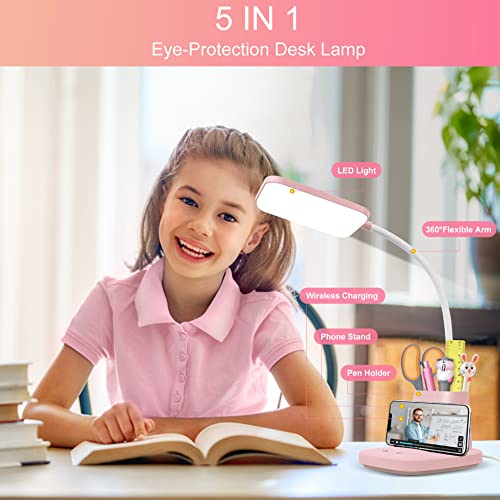 LED Desk Lamp with 10W Wireless Charging & Pen Holder, Pink - color: Pink