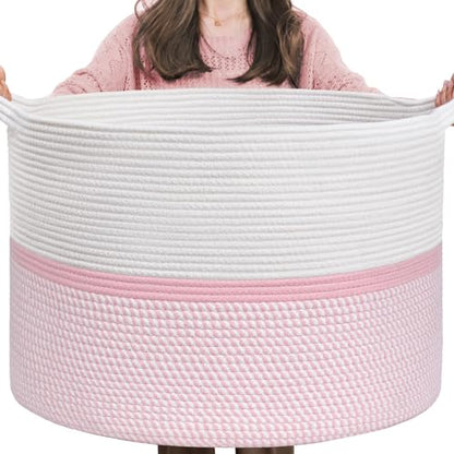 CHICVITA XXL Cotton Rope Woven Blanket Basket with Handles, Pink - color: Pink