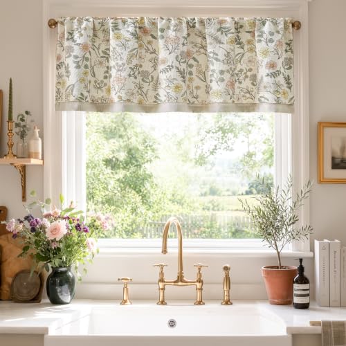 jinchan Maia Floral Linen Double Layer Valance 16 Inch 1 Panel White - color: Maia White on Linen, size: 50"W x 16"L (Pack of 1)