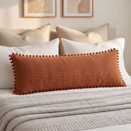 Fancy Homi 1 Pack Rust Long Lumbar Body Decorative Throw Pillow Covers 14x36 Inch with Pom-poms for Couch Sofa Bed, Farmhouse Boho Rustic Terracotta Decor, Soft Corduroy Solid Pillow Case 35x91 cm - color: Rust, size: 36" x 14" (Pack of 1)