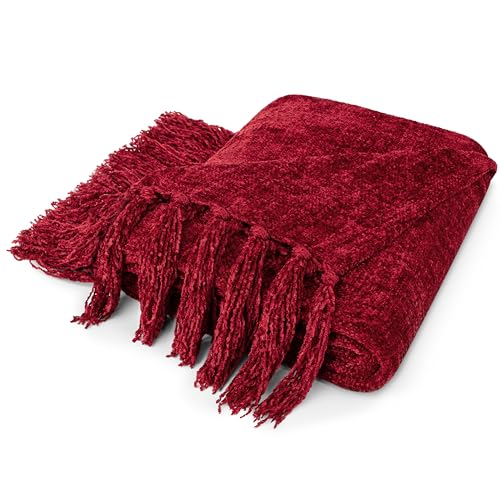 PAVILIA Chenille Throw Blanket, Knit Twin Size Tassel Throw, Wine Red 60x80 - color: Red, size: 60 X 80 Inches - Twin