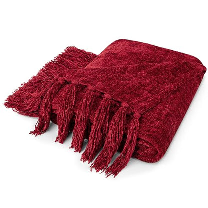 PAVILIA Chenille Throw Blanket, Knit Twin Size Tassel Throw, Wine Red 60x80 - color: Red, size: 60 X 80 Inches - Twin