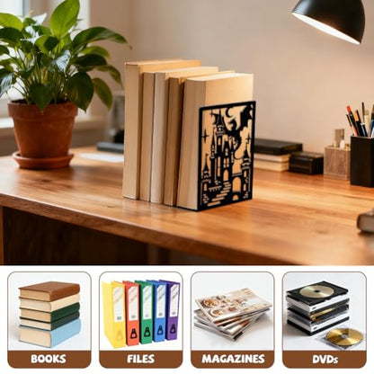 Peacoblue 5.3"x4.3"x7.9" Metal Bookends, Heavy Duty Book Ends for Shelves - style: Dragon and Castle