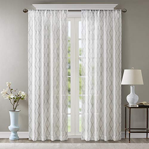 Madison Park Embroidered Diamond Irina Sheer Curtain 50x95 White/Grey - color: White/Grey, size: 50"W x 95"L (Pack of 1)