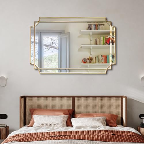 48"x32" Large Rectangle Beveled Mirror with Gold Geometric Frame - color: Gold, size: 48"L x 31.6"W