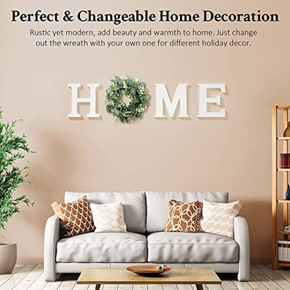 MAYICIVO Modern Wooden Home Sign with Artificial Eucalyptus Wreath, White and Beige, 13.81 inches Diameter, Wall Mount, MDF Wood, Plastic - color: White