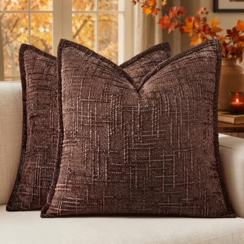 MIULEE Slubby Textured Decorative Fall Throw Pillow Covers Brown 18x18 - color: Brown, size: 18" x 18" (Pack of 2)