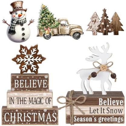 11 Pcs Christmas Table Decorations Christmas Tiered Tray Decorations Set Snowman Reindeer Wooden Stack Signs for Winter Xmas Party Home Kitchen Shelf - style: Christmas