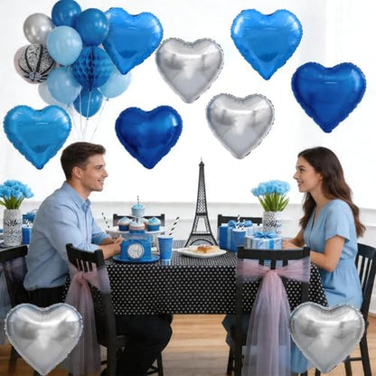 Blue Silver Heart Foil Balloons,12Pcs 18Inch Heart Shaped Balloons - color: Dark Blue Silver