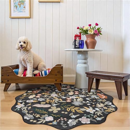 Washable Scalloped 4ft Round Rug: 4x4 Boho Floral Circle Area Rug Black - color: Black, size: 4' (Round)