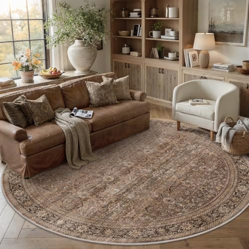 Schweek 8ft Round Rug Vintage Brown Neutral Washable Non-Slip Circle Rugs - color: Brown, size: 8' (Round)