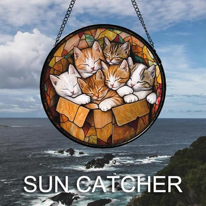 Sleeping Kittens Stained Glass Window Hanging Suncatcher Gifts 9.8" - color: Brown and White, size: 9.8x9.8 IN