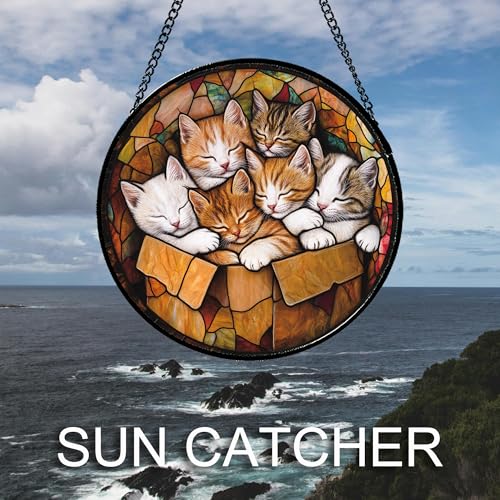 Sleeping Kittens Stained Glass Window Hanging Suncatcher Gifts 7.8" - color: Brown and White, size: 7.8x7.8 IN