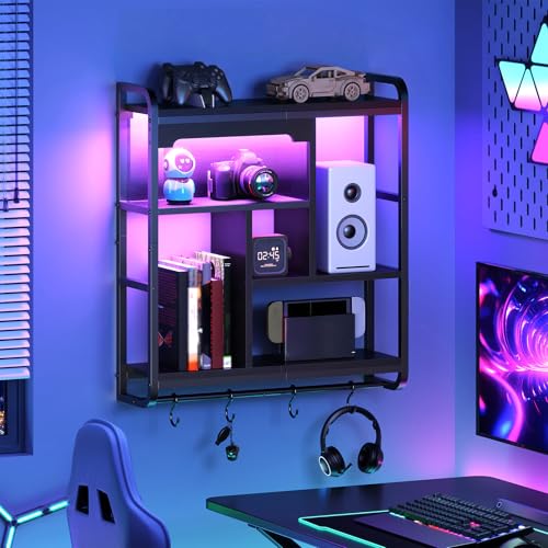 HOOBRO Gaming Floating Shelves for Wall, 26.4" LED Wall Shelf Display Rack - color: Black