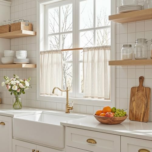 MYSKY HOME Natural Linen Curtains 30 Inches Long for Kitchen Window Semi Sheer Light Filtering Cafe Curtain Tiers Rod Pocket Short Country Decor Drapes for Basement/Small Window, 2 Panels, 34 x 30 in - color: Natural Linen, size: 34"W x 30"L (Pack of 2)