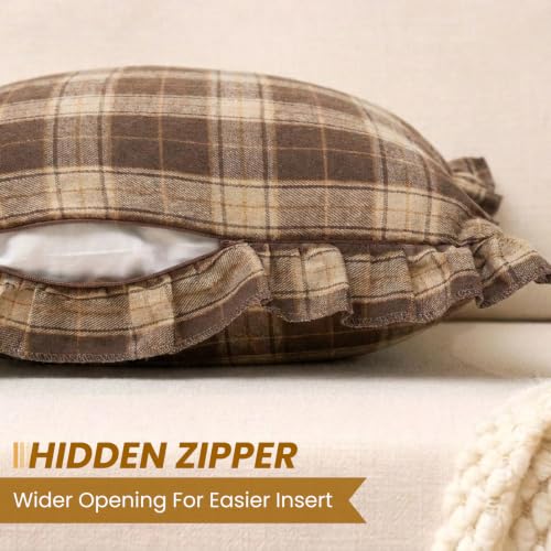 Chocolate Dark Brown Tartan Plaid Fall Cute Throw Pillow Covers 18x18 - color: Chocolate Ruffled Plaid Throw Pillow Covers, size: 18" x 18" (Pack of 2)