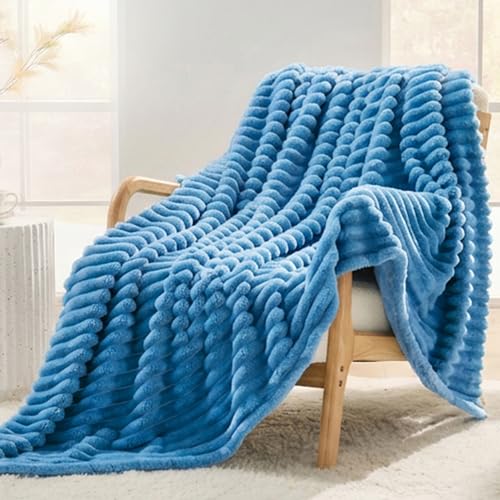 330GSM Ribbed Fleece Twin Blanket for Bed, Blue, 60"x80" - color: Blue, size: Twin(60"x80")