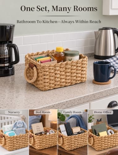Small Wicker Baskets, 3 PCS Paper Rope Baskets for Shelves, Brown - color: Brown
