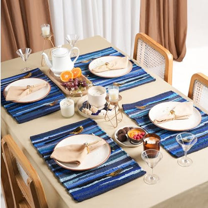 RAJRANG Navy Blue Chindi Cotton Placemats Set of 6 – Reversible Woven Table Mats 13x19 Inch for Dining Room, Kitchen, or Coffee Table Use - color: Navy