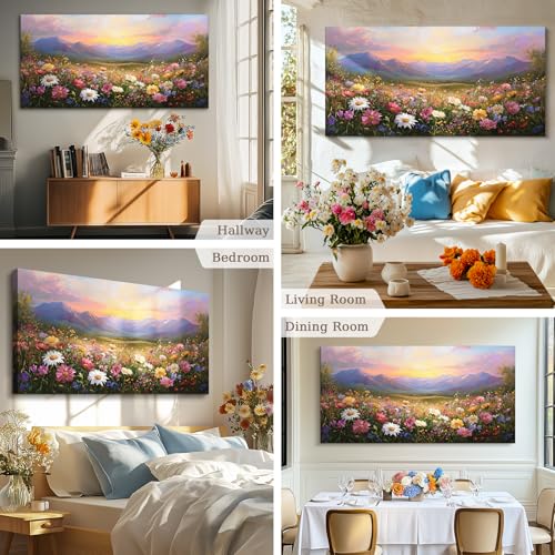 crmotu Rustic Oversized Canvas Art, Mountain Flower Sunset Prints 29"x57" - color: Mountains Sea of Flowers, size: 57"L x 29"W