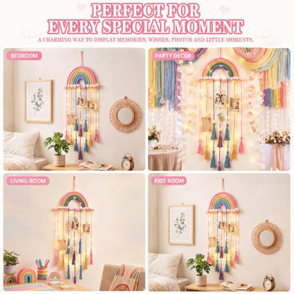 Rainbow Macrame Wall Decor Hanging Photo Display with Light Tassel