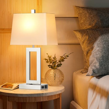 Cinkeda Silver Bedside Table Lamp Set of 2,Nightstand Lamps with USB Ports - color: B.White&Silver