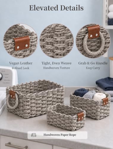 Small Wicker Baskets, 3 PCS Paper Rope Baskets for Shelves, Gray - color: Gray