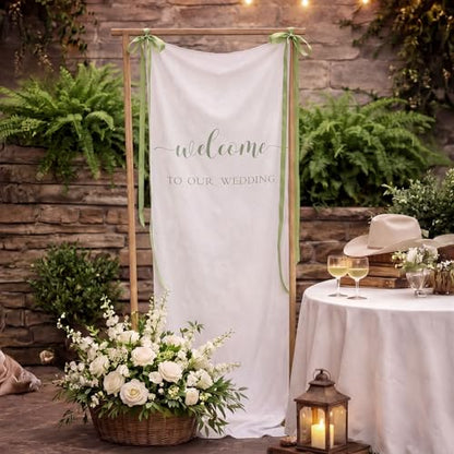 Tingjoo 27x78" Wedding Banner White, Green Backdrop Bow Hanging - color: White, Green, style: Wedding