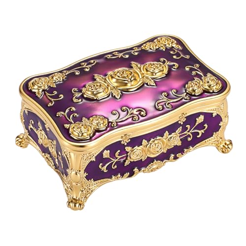 Hipiwe Vintage Jewelry Box Metal Trinket Chest Organizer for Women, Purple - color: Purple, size: Small