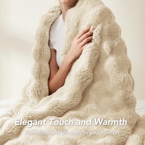 L'AGRATY Faux Rabbit Fur Throw Blanket for Couch, 90'' x 90'' Almond White - color: Almond White, size: 90" x 90"